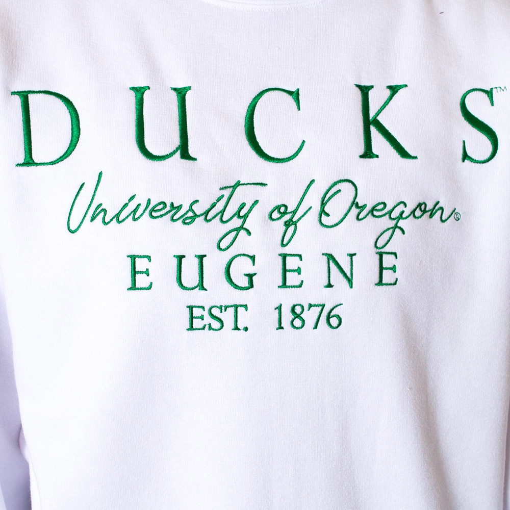 1876, Zoozatz, White, Pullover, Polyester Blend, Men, Unisex, Fleece, Embroidered, Ducks, University of Oregon, Sweatshirt, 867062